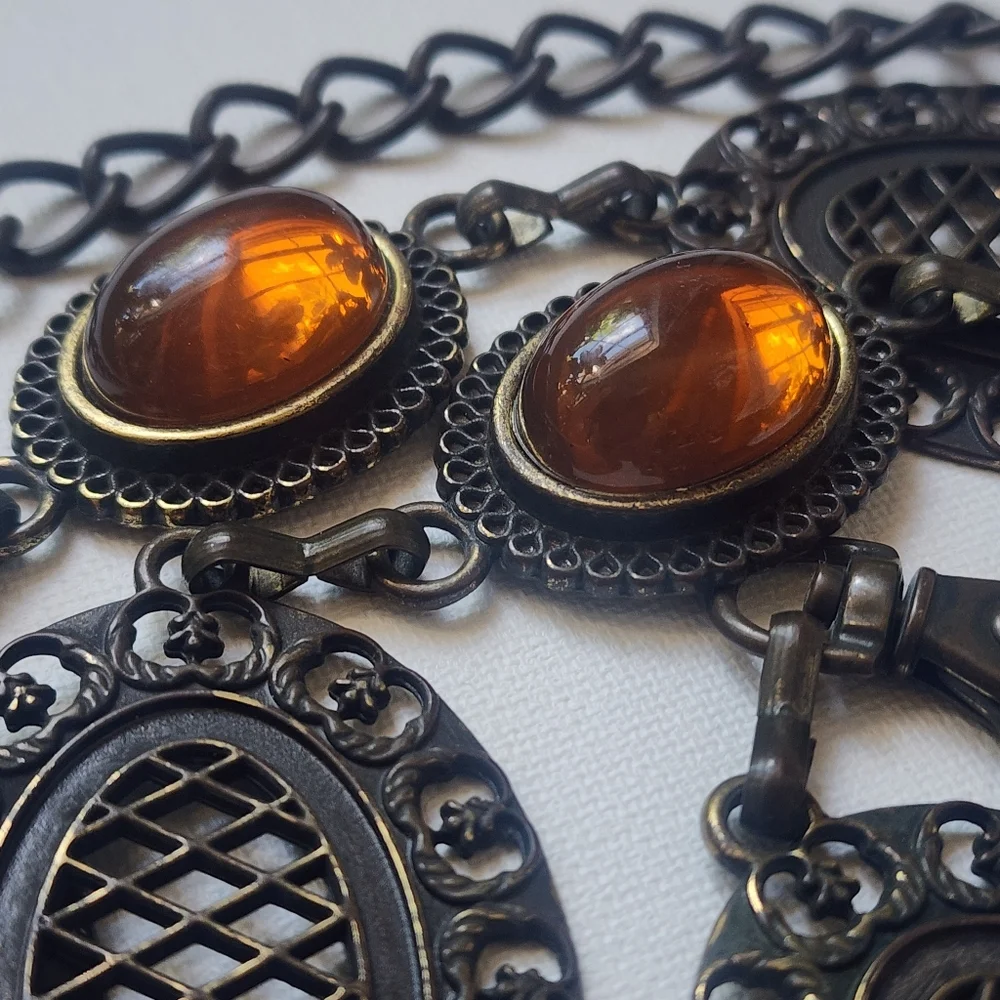 Amber Belt Vintage Jewelry Bronze Medallion Antique Gold Heavy Chain